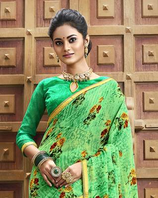 Green printed chiffon saree with blouse 2