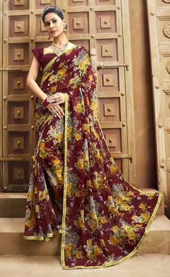 Maroon printed chiffon saree with blouse 1