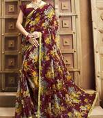 Maroon printed chiffon saree with blouse