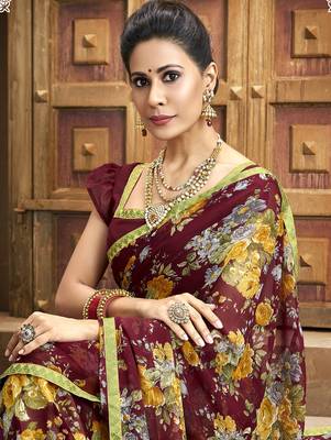 Maroon printed chiffon saree with blouse 2