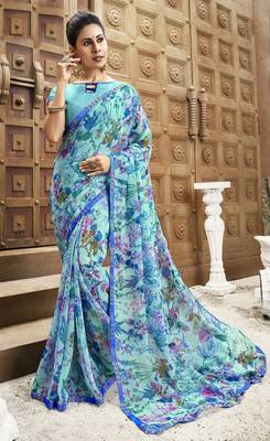 Sky blue printed chiffon saree with blouse 1