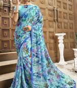 Sky blue printed chiffon saree with blouse