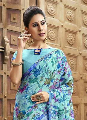 Sky blue printed chiffon saree with blouse 2
