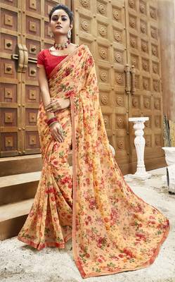Cream printed chiffon saree with blouse 1