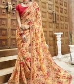 Cream printed chiffon saree with blouse