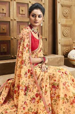 Cream printed chiffon saree with blouse 2
