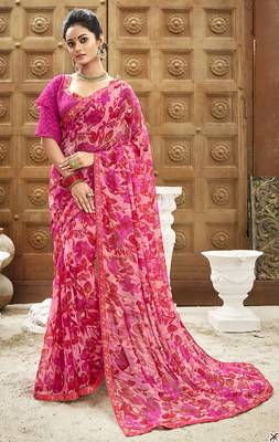 Pink printed chiffon saree with blouse 1