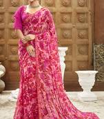 Pink printed chiffon saree with blouse