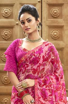 Pink printed chiffon saree with blouse 2
