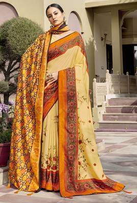 Yellow printed chanderi silk saree with blouse 1
