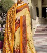 Yellow printed chanderi silk saree with blouse