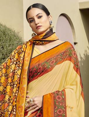 Yellow printed chanderi silk saree with blouse 2