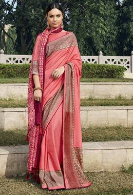 Pink printed chanderi silk saree with blouse 1