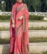 Pink printed chanderi silk saree with blouse