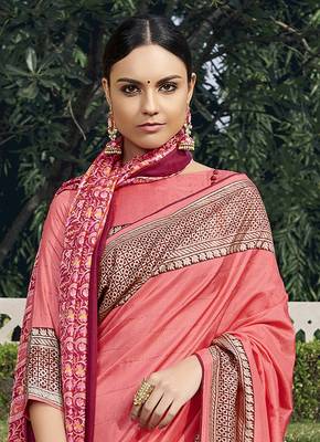 Pink printed chanderi silk saree with blouse 2