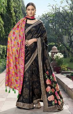 Black printed chanderi silk saree with blouse 1