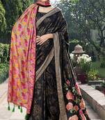 Black printed chanderi silk saree with blouse