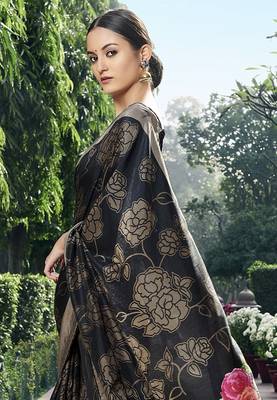 Black printed chanderi silk saree with blouse 2