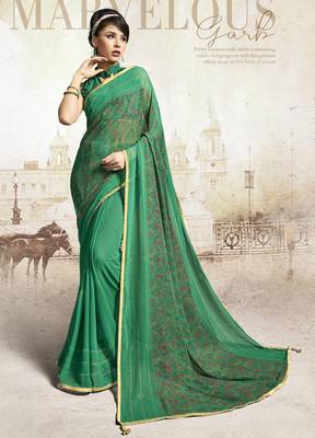 Green printed georgette saree with blouse 1