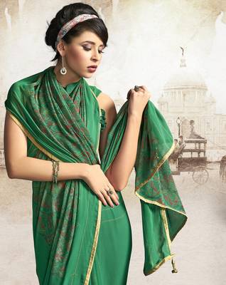 Green printed georgette saree with blouse 2