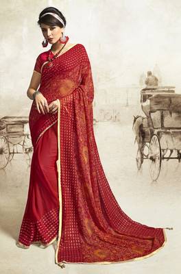 Red printed georgette saree with blouse 1