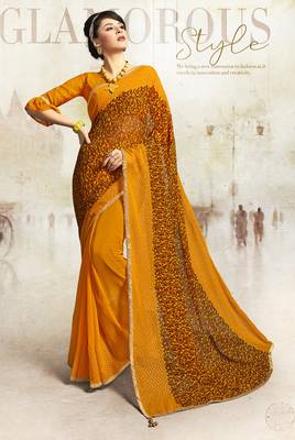 Mustard printed georgette saree with blouse 1