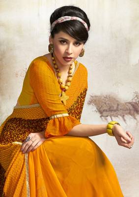 Mustard printed georgette saree with blouse 2