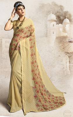 Beige printed georgette saree with blouse 1