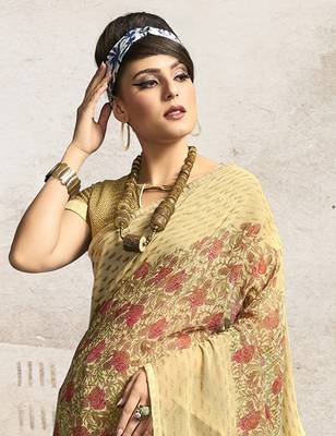 Beige printed georgette saree with blouse 2
