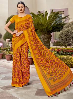 Mustard printed cotton saree with blouse 1