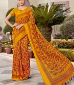Mustard printed cotton saree with blouse