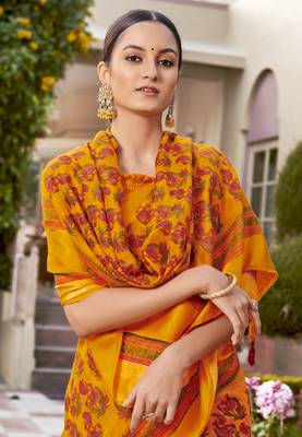 Mustard printed cotton saree with blouse 2