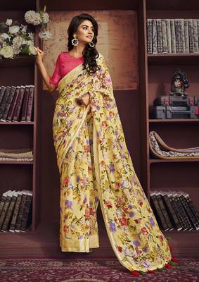 Yellow printed cotton saree with blouse 1