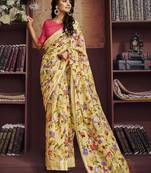 Yellow printed cotton saree with blouse