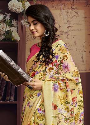 Yellow printed cotton saree with blouse 2
