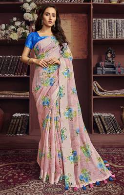 Pink printed cotton saree with blouse 1
