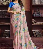 Pink printed cotton saree with blouse