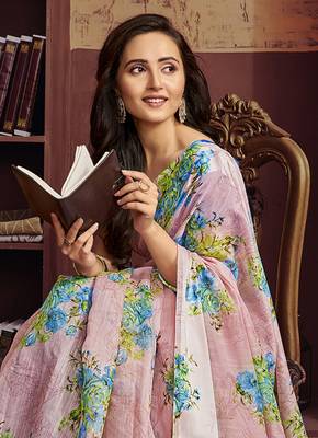 Pink printed cotton saree with blouse 2
