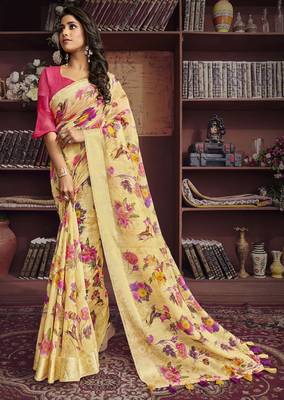 Light yellow printed cotton saree with blouse 1