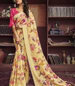 Light yellow printed cotton saree with blouse