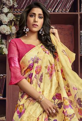Light yellow printed cotton saree with blouse 2