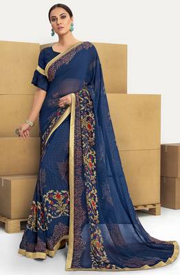 Blue printed georgette saree with blouse 1