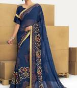 Blue printed georgette saree with blouse