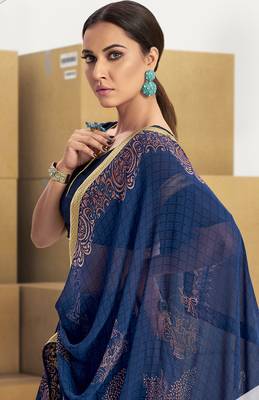Blue printed georgette saree with blouse 2