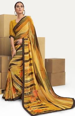 Yellow printed georgette saree with blouse 1