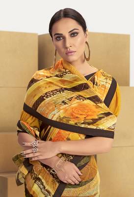 Yellow printed georgette saree with blouse 2
