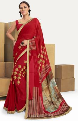 Red printed georgette saree with blouse 1
