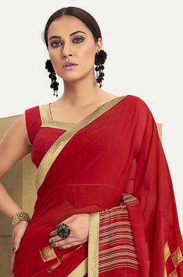 Red printed georgette saree with blouse 2