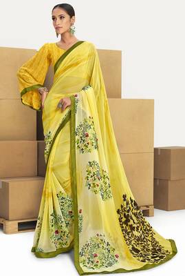 Yellow printed georgette saree with blouse 1