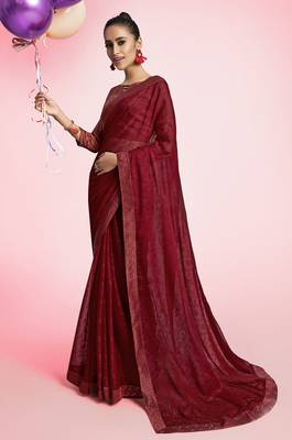 Maroon printed chiffon saree with blouse 1